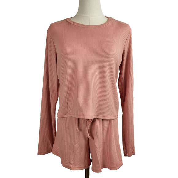 Capella Loungewear Set Long Sleeve Top & Drawstring Shorts Ribbed Pink Small NEW - Picture 1 of 10